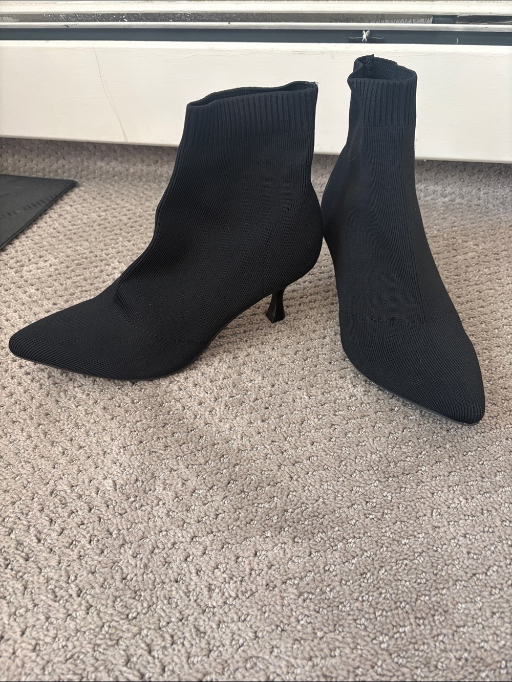 Pointed Toe Black Knit Sock Booties with Kitten Heel